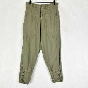 Wrap London Linen Tapered Pants Size 8 High Rise Crop Button Ankle Khaki/Green